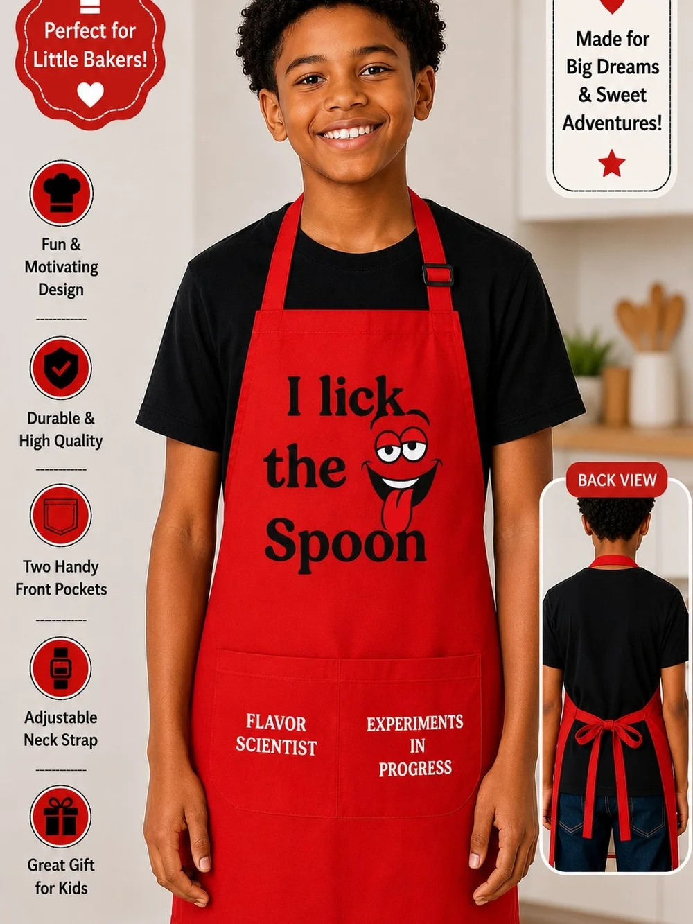 Red 'I lick the Spoon' Kids Apron